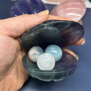 Rainbow Fluorite Clamshell Carving with Spheres